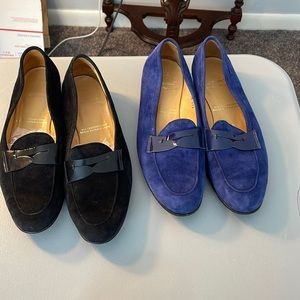 Two pair of Gravati “Royal” penny loafers in cobalt blue and black suede